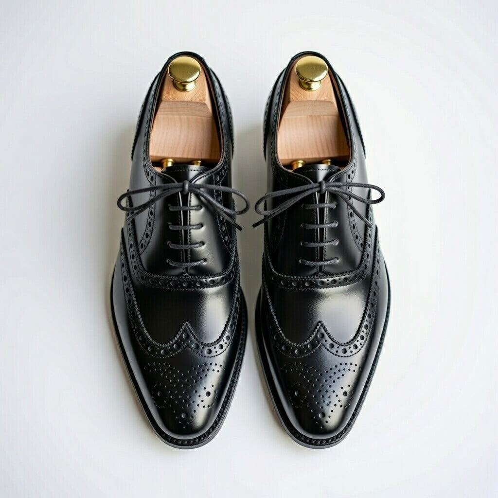 Pair of black leather dress shoes with wooden soles on a white background